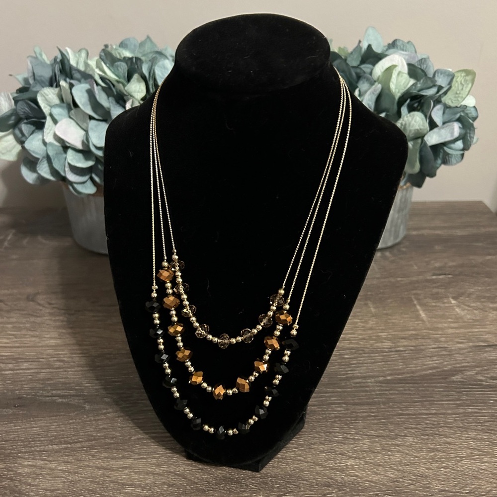 Multi-Strand Gold and Black Beaded Necklace